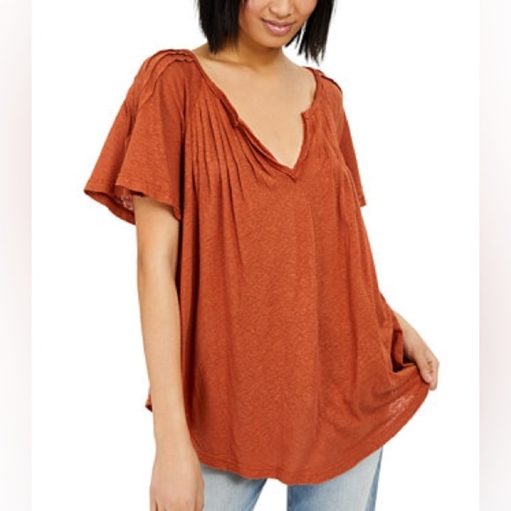 Free People Lovely Day Shirt Rust Short Sleeve Blouse Tunic Distressed Small
